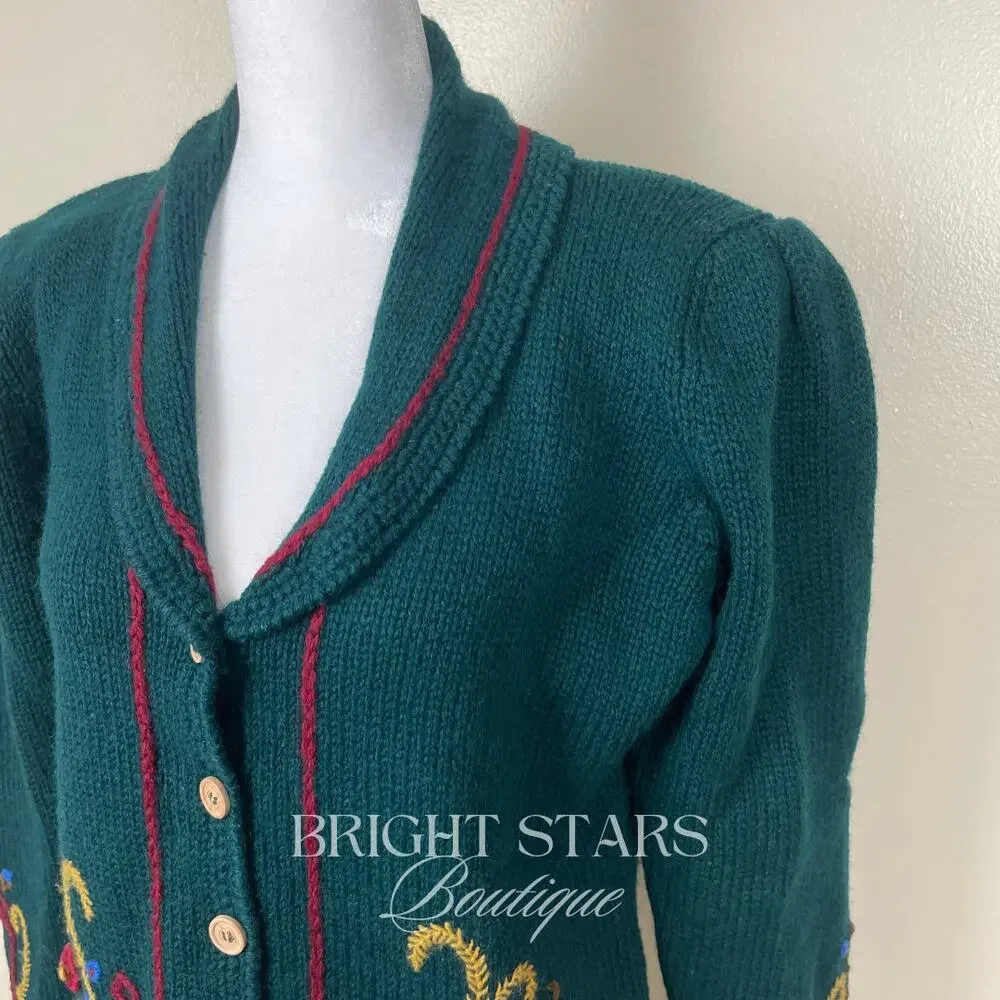 Rare Vintage Hand Embroidered Cardigan ASO Phoebe Buffay Friends Green Small